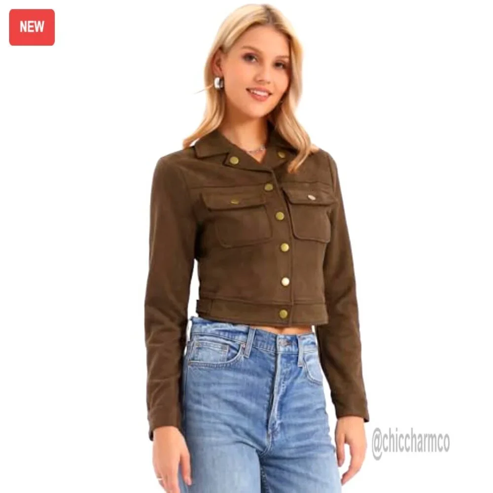 Faux Suede Cropped Moto Jacket Button Down Collar Casual Chic Biker Coat - Picture 2 of 6